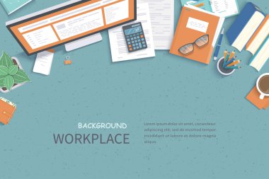 İş yeri Masaüstü geçmişi. Masanın üst görüntüsü, monitör, klasör, belgeler, not defteri, planlayıcı, kitaplar, gözlük, notlar, hesap makinesi, kahve. Mesaj için yer. Vektör Üst Görünümü