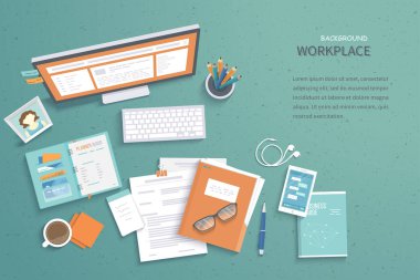 İşyeri geçmişi. Üzerinde monitör, defter, klasör, klavye, kitap, gözlük, telefon olan masanın üst görüntüsü. Vektör illüstrasyonu