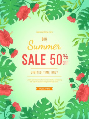 Büyük yaz indirimi afişi. Çiçekler ve çiçek tomurcukları, canavarlar ve palmiye yaprakları. Baskı ya da web için tropik egzotik şablon poster tasarımı. Vektör indirimi arka planı.