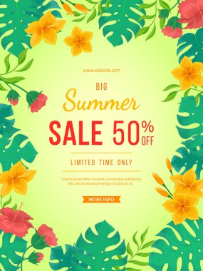 Büyük yaz indirimi afişi. Çiçekler ve çiçek tomurcukları, canavarlar ve palmiye yaprakları. Baskı ya da web için tropik egzotik şablon poster tasarımı. Vektör indirimi arka planı.
