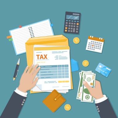 Adam vergi ödüyor. Devlet vergisi. İnsan eli, vergi formu, zarf, para, hesap makinesi, cüzdan, takvim, kredi kartı. Faturaları, faturaları, maaşları öde. Vektör illüstrasyonu.