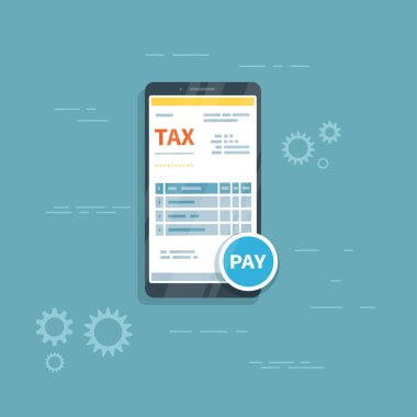 Telefon ekranında ödeme düğmeli vergi formu var. Akıllı telefon aracılığıyla çevrimiçi vergi ödemesi. İnternet bankacılığı konsepti. İnternetten ödeme, muhasebe, muhasebe. Vektör illüstrasyonu