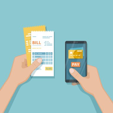 Mal ve hizmetler için mobil ödeme, akıllı telefon kullanarak alışveriş. Çevrimiçi bankacılık, telefonla ödeme. Ekranda kredi kartı, düğme ödemesi, faturalar adamın elinde. Vektör