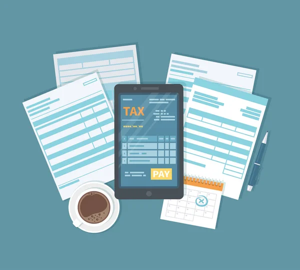Vergi ödemesi telefon üzerinden yapılıyor. Ekranda vergi formu ve ödeme düğmesi olan cep telefonu. İnternet bankacılığı konsepti. İnternetten ödeme, muhasebe, muhasebe. Vektör illüstrasyonu
