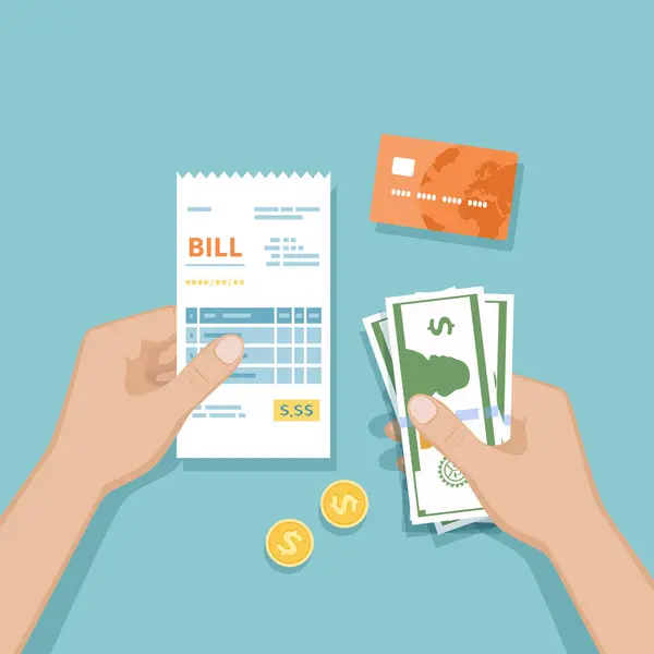 Man hands with bill, cash money, coins, credit card. Illustration purchase, shopping, check, receipt, invoice, order. Paying bills. Payment of goods, service, utility, restaurant. Vector