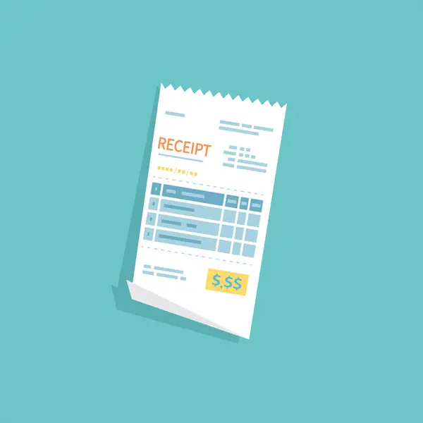 Receipt icon. Paper check, invoice, bill, order. Payment of goods, service, utility, restaurant. Paper financial symbol in flat style. Isolated on a colored background.