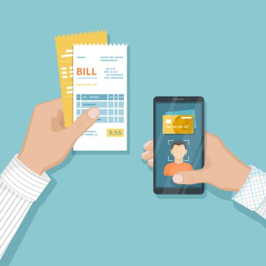 Yüz Tanıma ve Kimlik kullanarak mal ve hizmetler için ödeme, akıllı telefondan yüz tanımlaması. Telefon aracılığıyla internet faturası ödemesi. Ekranda biyometrik tanımlamalı cep telefonu. 