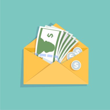 İçinde nakit para ve gümüş paralar olan sarı bir zarf aç. Maaş, maaş bordrosu, gelir, maaş anketi. Gölgeli kağıt zarf. Nakit para banknotları düz tasarım ikonu. Vektör illüstrasyonu.