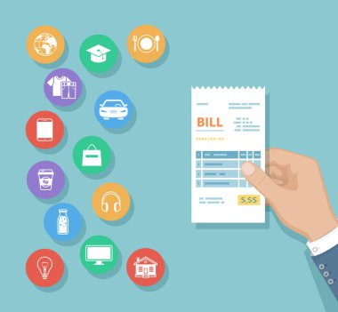 Bill 'in erkek eli. Servis simgeleri. Alışveriş, çek, makbuz, fatura, sipariş. Faturaları ödüyorum. Mal, hizmet, hizmet, restoran, ürün ödemeleri. Vektör