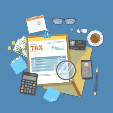 Vergi ödemesi. Hükümet, eyalet vergileri. Ödeme günü. Panodaki vergi formu, finansal takvim, para, nakit, kredi kartı, klasör, hesap makinesi, cüzdan. Maaş günü ikonu. Vektör illüstrasyonu.