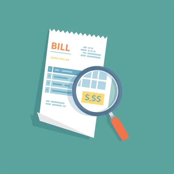 Bill icon with magnifying glass. Studying paying receipt. Payment of goods,service, utility, bank, restaurant. Invoice, check, bill sign. Paper financial symbol in flat style. Vector isolated.