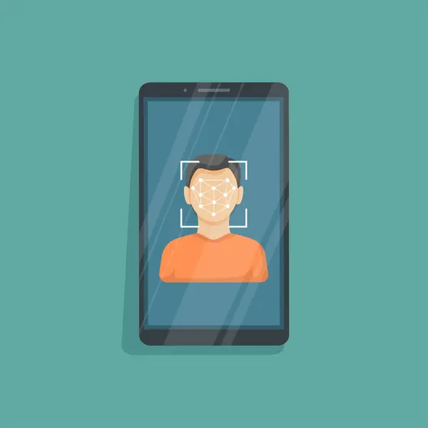Face recognition and identification, concept. Face ID, face recognition system, mobile app. Phone with biometric identification man's face on the screen. Vector illustration