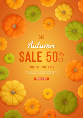 Sonbahar indirimi geçmişi. İndirim, sonbaharda indirim. Turuncu zemin üzerinde sarı, yeşil, turuncu balkabağı olan dikey afiş ilanı. Özel sezonluk teklif. Vektör çizimi. Üst görünüm