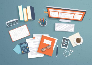 Çalışma ortamı arka planı, monitör, kitaplar, defter, kulaklıklar, telefon, belgeler, klasör, planlayıcı, hesap makinesi, kahve. Çalışma alanı, analitik, optimizasyon, yönetim. Vektör