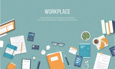 İşyeri geçmişi. Monitör, kitaplar, belgeler, klasör, not defteri, hesap makinesi, takvim, pasaport, kartvizit, kahve, kulaklık olan bir masanın üst görüntüsü. Vektör illüstrasyonu