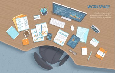 Ofisteki modern şık ahşap masa, sandalye, ofis malzemeleri, belgeler, takvim, not defteri, klasör, zarf, kitap, tablet. İş yeri. Ekrandaki grafikler. Vektör