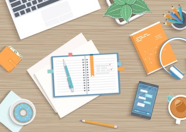 Üzerinde açık defter, planlayıcı, belgeler, formlar, kağıt klasörü, gözlük, kalem olan iş tahtası. İş, iş yeri, analiz, araştırma, planlama, yönetim. Vektör illüstrasyonu, üst görünüm