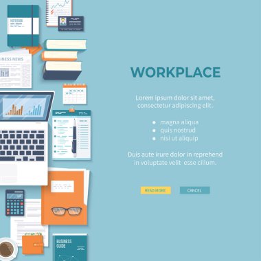 İş yeri Masaüstü arkaplanı. Masa, dizüstü bilgisayar, klasör, belgeler, not defteri, çanta, takvim, kulaklık, kitaplar, kahve, gazete, hesap makinesi. İş geçmişi, organizasyon. Vektör