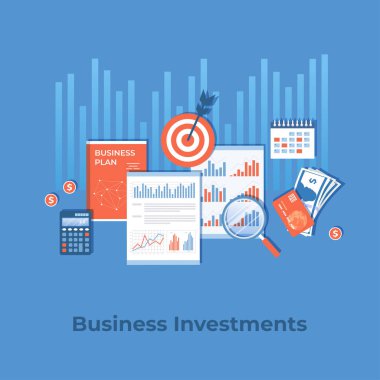 İş yatırımı, finansal planlama, strateji, yönetim. Belgeler, iş planı, para, takvim, hesap makinesi, büyüteç ve hedef grafiği. Büyüme ve yatırım riski. Vektör