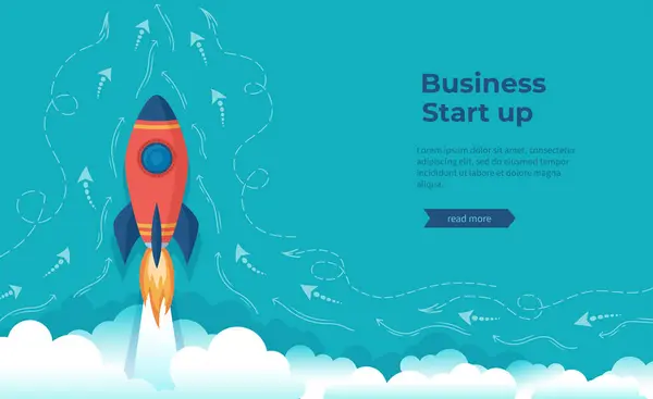 Business project startup, financial planning, idea development process, strategy, management, realization and success. Rocket launch, spaceship. Vector banner