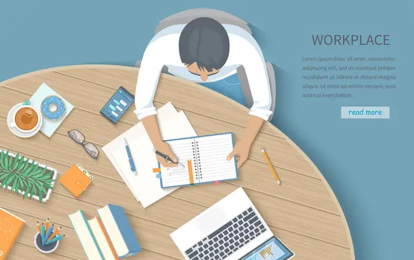 Notas Escritura Cuaderno Escritorio Madera Redonda Workplace Desktop Workspace Materiales — Vector de stock