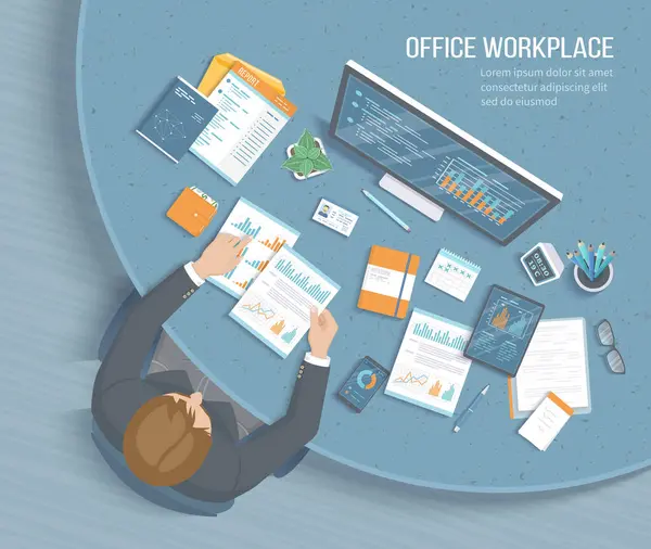 Hombre Trabajando Oficina Mesa Redonda Workplace Desktop Silla Espacio Trabajo — Vector de stock