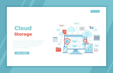 Bulut Deposu. Çevrimiçi bulut hesaplama, ağ sunucu, hizmetler. Bilgisayar, telefon, tablet, sunucu, kişisel bilgiler, bulutlar. İniş sayfası şablonu veya web afişi, bilgi grafikleri. Vektör