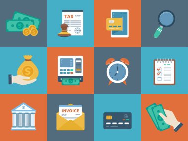 İş finansmanı renkli ikon koleksiyonu. Bankacılık, vergi, para, sayım, ödeme. Web sitesi ve mobil site ve uygulamalar için kavramsal tanıtım ve reklam simgeleri belirlendi. Vektör illüstrasyonu