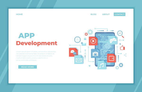 Mobile App Development, Software Management, Ui, Ux Development. Phone screen with program code, mobile app icons. landing page template or web banner, infographics. Vector