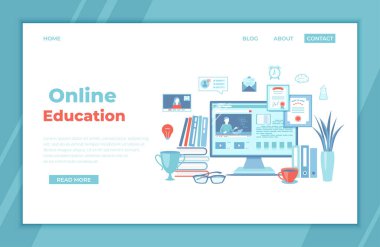 Çevrimiçi Eğitim E-öğrenme Online eğitim, kurslar, sınavlar, testler. Video dersleri ve elektronik kitaplarla ekranı izle. Görüntülü konuşma, görevler, diploma. İniş sayfası şablonu, pankart