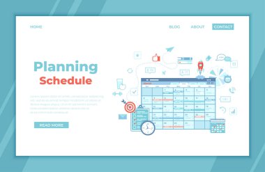 Planlama Online web sayfası arayüzü planlayıcısı, düzenleyici, takvim, görevleri ve hatırlatıcıları olan proje planı. Uygulama, stratejik, zaman yönetimi. Ağ için iniş sayfası, afiş. Vektör illüstrasyonu.