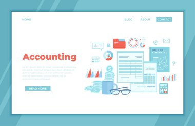 Muhasebe kavramı. Finansal analiz, vergi ödemesi, analitik, veri yakalama, istatistik, araştırma. Formlar, bütçe defteri, tablolar, grafikler, içinde belgeler ve para olan dosyalar. İniş sayfası şablonu, web pankartı.