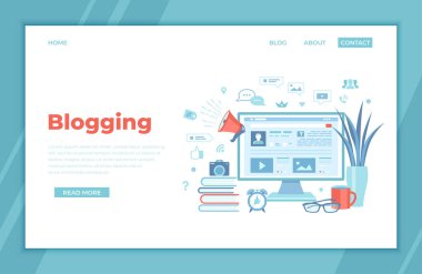 Blog Yazma Eğitimi İçerik Stratejisi, metin, başlık, fotoğraf, video. Web sayfası, bilgi grafikleri, sosyal medya, kitaplar, hoparlör. İniş sayfası şablonu, web pankartı.