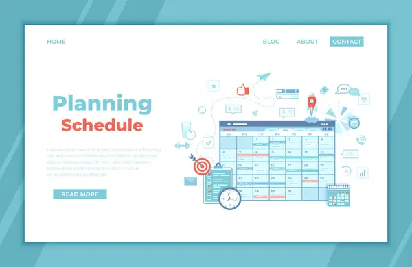 Planlama Online web sayfası arayüzü planlayıcısı, düzenleyici, takvim, görevleri ve hatırlatıcıları olan proje planı. Uygulama, stratejik, zaman yönetimi. Ağ için iniş sayfası, afiş. Vektör illüstrasyonu.