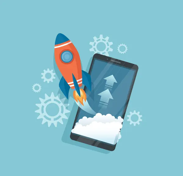 Startup concept. Business planning idea of successful project start up, management, innovation strategy. Smartphone with launch rocket startup from the screen. Vector