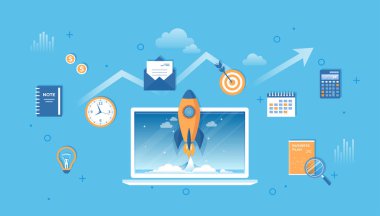 Girişim, planlama, fikir, strateji, yönetim, farkındalık ve başarı. Dizüstü bilgisayardan roket fırlatma, iş planı, saat, hedef, takvim, kontrol listesi, ampul. Vektör