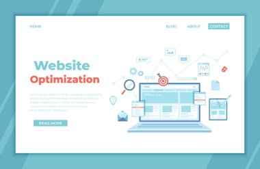 Web sitesi optimizasyonu, analizi, içerik yazımı, anahtar sözcükler, raporlama, tasarım, SEO, bağlantı binası. Dizüstü bilgisayar ve tabletteki web sitesi şablonu. İniş sayfası şablonu veya afişi. Vektör