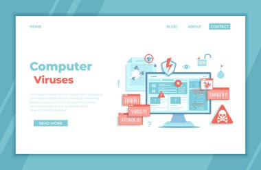 Bilgisayar virüsleri saldırıyor, hatalar tespit ediliyor, uyarı işaretleri, veri çalınıyor. Virüs alarm mesajları, hatalar, tebligatlar, bomba, açık kilit, enfekte dosyalar. İniş sayfası şablonu veya sancağı