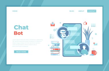 Chatbot, müşteri desteği, yardım hizmetleri. Telefon uygulaması ile sohbet eden bir adam. Yapay zeka. İnsanlar soru sorar, robotlar mesajlara cevap verir. İniş sayfası şablonu, pankart.