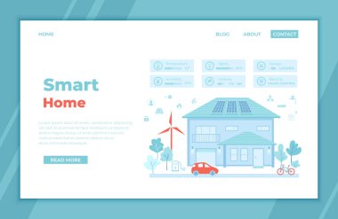 Merkezi teknoloji sistemi kontrollü akıllı modern eko ev. Infographic otomasyon kavramı. Güvenlik, termostat, ışıklandırma, temiz elektrik enerjisi. İniş sayfası şablonu veya afişi. Vektör