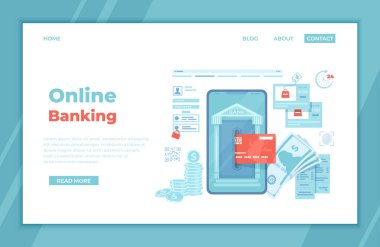 Online Internet Banking. Payment for purchases via smartphone. Fast easy securely mobile banking. Credit card transaction, financial application. Phone, money, login. landing page template or banner. clipart