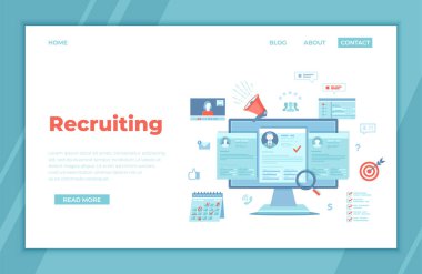 Recruitment platform, agency, hr. Human resources, Employment, Selection of the best candidate. Resume, megaphone, computer, calendar, video connection, interview. landing page template, banner Vector clipart