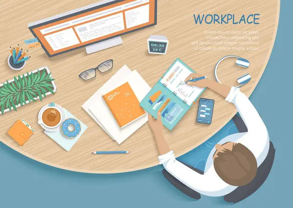 Escrevendo Notas Planejador Uma Mesa Madeira Redonda Workplace Desktop Workspace —  Vetores de Stock