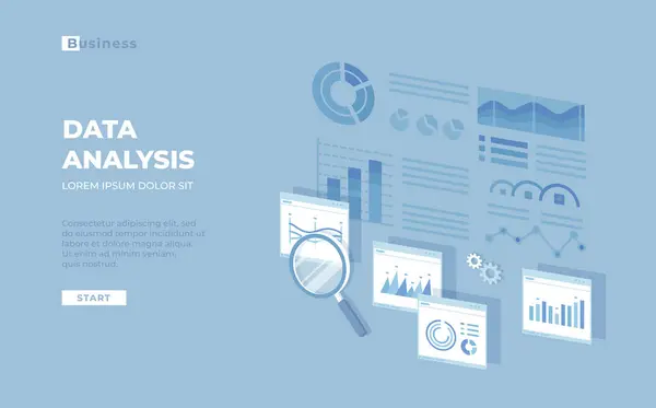 データ分析 財務分析 報告コンセプト ウェブとモバイルサービス チャート グラフ レポート 拡大ガラス 視覚化 インフォグラフィック — ストックベクタ