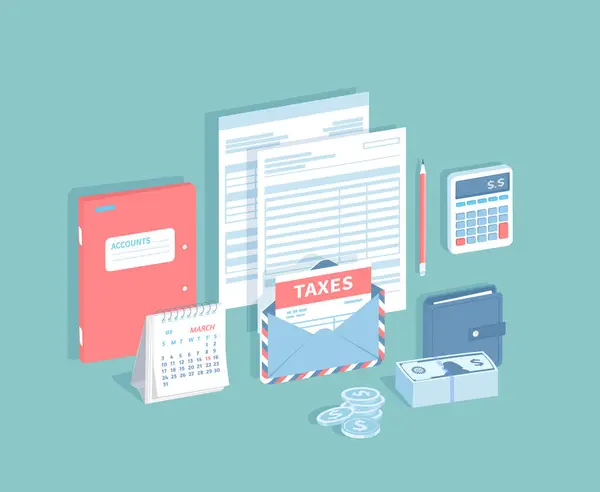 Оплата Рахунків Податків Заповнення Обчислення Податкової Форми Документи Конверт Податком — стоковий вектор