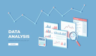 Veri analiz konsepti. Mali Denetim, SEO analitiği, istatistik, stratejik, rapor, yönetim. Grafikler, dokümanlar, büyüteç, hesap makinesi. Vektör izometrik 3d