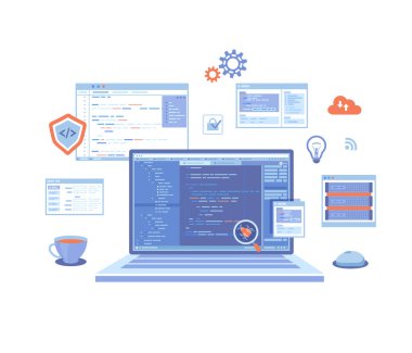 Web Geliştirme Programlama Kodlaması. Ekranda program kodlu dizüstü bilgisayar, sanal ekranlar, bilgi ögeleri simgeleri. Hata düzeltme. İniş sayfası şablonu veya web pankartı. Beyaz üzerine vektör illüstrasyonu
