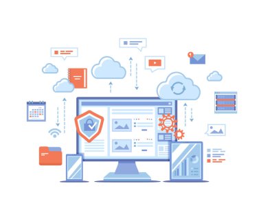 Bulut Deposu. Çevrimiçi bulut hesaplama, ağ sunucu, hizmetler. Bilgisayar, telefon, tablet, sunucu, kişisel bilgiler, bulutlar. İniş sayfası şablonu veya web afişi, bilgi grafikleri. Vektör illüstrasyonu