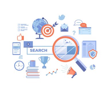 Web arama teknolojisi, arama motoru, SEO, veri bulma. Sonuç elementleri içeren arama çubuğu. Web afişi, bilgi grafikleri. Beyaz arkaplanda vektör illüstrasyonu.