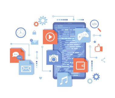 Mobil Uygulama Geliştirme, Yazılım Yönetimi, Ui, Ux Geliştirme. Program kodlu telefon ekranı, mobil uygulama simgeleri. Web afişi, bilgi grafikleri. Beyaz arkaplanda vektör illüstrasyonu.